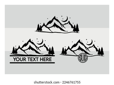 Mountains SVG, Mountain And Trees, Forest Svg Cricut, Silhouette Svg Cut File, Travel, Landscape, Outdoor, Tree, Nature, Monogram,Pine Tree, clip art , Dxf, Png, Eps