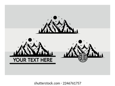 Mountains SVG, Mountain And Trees, Forest Svg Cricut, Silhouette Svg Cut File, Travel, Landscape, Outdoor, Tree, Nature, Monogram,Pine Tree, clip art , Dxf, Png, Eps