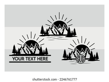 Mountains SVG, Mountain And Trees, Forest Svg Cricut, Silhouette Svg Cut File, Travel, Landscape, Outdoor, Tree, Nature, Monogram,Pine Tree, clip art , Dxf, Png, Eps