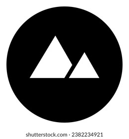 A mountains symbol in the center. Isolated white symbol in black circle. Vector illustration on white background