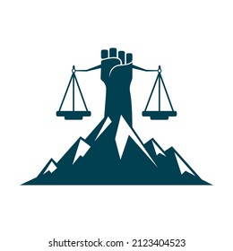 Mountains and symbols of justice. Law scale logo concept design.