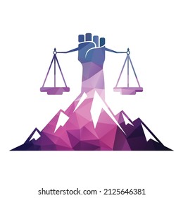 Mountains and symbols of justice. Law scale logo concept design.