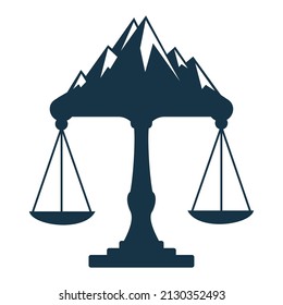 Mountains and symbols of justice. Law scale logo concept design.	