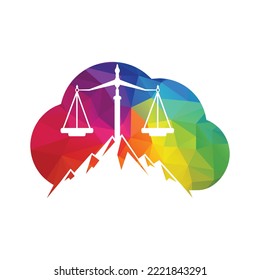 Mountains and symbols of justice. Law scale logo concept design.	