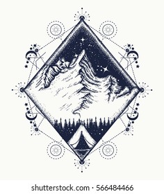 Mountains tattoo art. Symbol of tourism, travel, adventures, meditation, climbing, camping, great outdoors, boho style. Tent in the mountains t-shirt design 