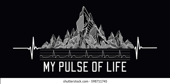 Mountains tattoo art, t-shirt design, slogan my pulse of life. Symbol travel, tourism, extreme sports and rock climbing, tribal style 