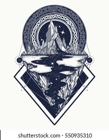 Mountains tattoo geometric style. Adventure, travel, outdoors, symbol, boho style, t-shirt design. Star river and mountains, hipster style 