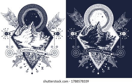 Mountains tattoo. Symbol of tourism, adventure, meditation, rock climbing, camping, great outdoors t-shirt design. Black and white vector graphics 