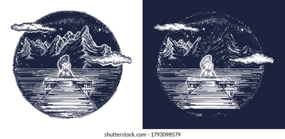 Mountains tattoo and t-shirt design. Symbol of dream, romantic, love. Outdoors and tourism art. Black and white vector graphics 