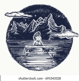 Mountains tattoo and t-shirt design. Symbol of dream, romantic, love 