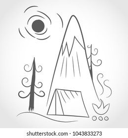 Mountains, tent and bonfire in flat linear design. Camping concept. Vector illustration. Travel and Tourism concept.