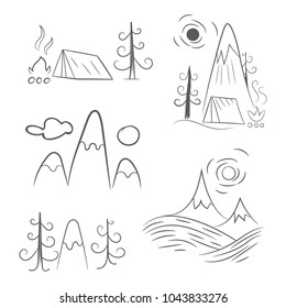 Mountains, tent and bonfire in flat linear design. Camping concept. Vector illustration. Travel and Tourism concept.
