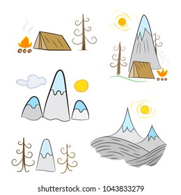 Mountains, tent and bonfire in flat linear design. Camping concept. Vector illustration. Travel and Tourism concept.