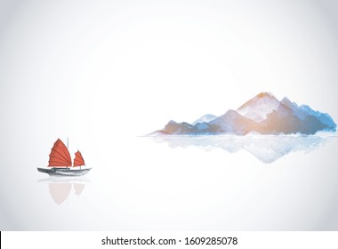 Mountains and traditional boat with red sails. Traditional oriental ink painting sumi-e, u-sin, go-hua