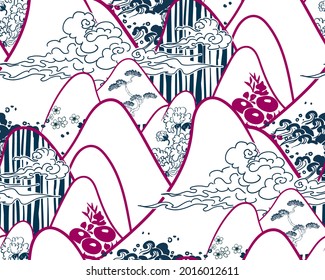 mountains traditional geometric kimono pattern vector sketch illustration line art japanese chinese oriental design