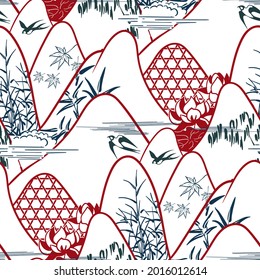 mountains traditional geometric kimono pattern vector sketch illustration line art japanese chinese oriental design