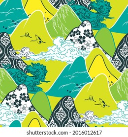 montañas patrón kimono geométrico tradicional dibujo vectorial línea de dibujo arte japonés chino diseño oriental