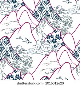 montañas patrón kimono geométrico tradicional dibujo vectorial línea de dibujo arte japonés chino diseño oriental