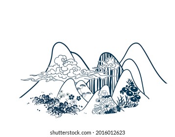 mountains traditional geometric kimono pattern vector sketch illustration line art japanese chinese oriental