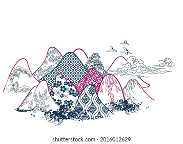 mountains traditional geometric kimono pattern vector sketch illustration line art japanese chinese oriental