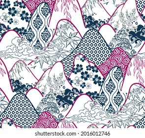 mountains traditional geometric kimono pattern vector sketch illustration line art japanese chinese oriental design