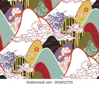 mountains traditional geometric kimono pattern vector sketch illustration line art japanese chinese oriental design