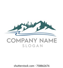 Mountains, tree, lakes vector illustration. Logo concept.