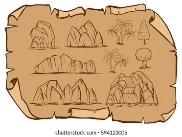 Montañas y árboles en ilustración de papel marrón