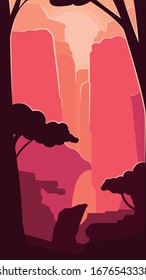 Montañas y árboles en un hermoso paisaje rojo.