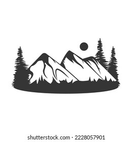 Mountains with trees. Beautiful mountain forest landscape. Black and white vector illustration.
