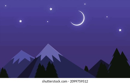 Montañas y árboles con fondo azul oscuro del cielo