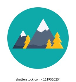 Mountains and trees flat icon isolated on blue background. Mountains symbol in flat style. Nature symbol Vector illustration for web and mobile design.