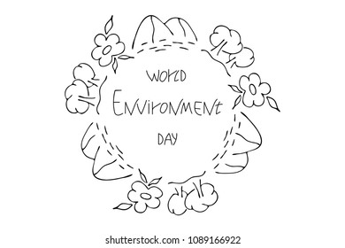Mountains, trees, flowers. The Inscription " world environment day". Graphics. Black and white round pattern, frame.