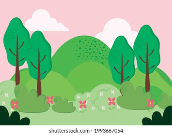 mountains and trees forest scene