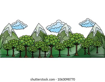 mountains with trees forest and snow scene