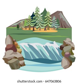Mountains, Trees, Grass, Water and Rocks Vector Landscape Illustration