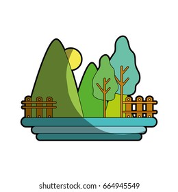 mountains with trees and grid wood with sun