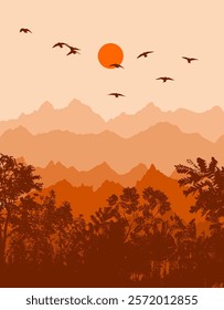 Mountains and trees. hand drawing. Not AI Vector illustration.