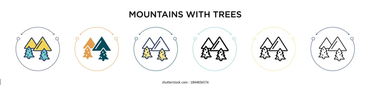 Mountains with trees icon in filled, thin line, outline and stroke style. Vector illustration of two colored and black mountains with trees vector icons designs can be used for mobile, ui, web