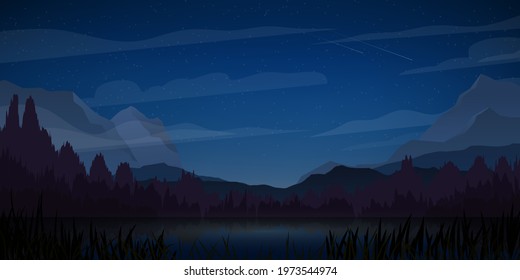 Mountains, trees and lake at night. Vector illustration.