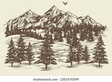 Mountains trees landscape handmade vector