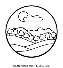 Mountains and trees landscape icon over white background, line style, vector illustration