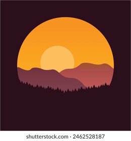 Mountains, trees and landscape illustration logo design template