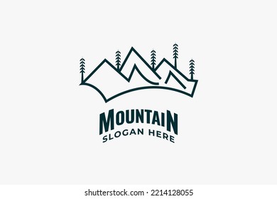 Mountains and Trees Logo Design. Mountain Hill Vector Illustration. Suitable for Resort, Camp and Tourism Industry Logo