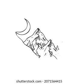 Mountains, trees, moon sketch vector illustration on a transparent background