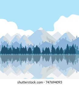 The mountains and trees are reflected in the water. Mountains, lake, trees, grass. Flat design, vector illustration, vector.