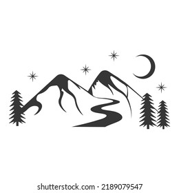 Mountains with trees and river. Beautiful mountain river landscape. Black and white vector illustration.