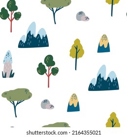 Montañas y árboles sin fisuras. Elementos de plantas forestales. Paisaje. Conjunto botánico salvaje. Estilo escandinavo. Fondo vectorial para tela, textiles, prendas de vestir, papel pintado.