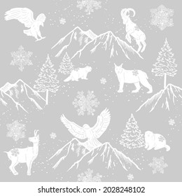 Mountains , trees , snowflakes , Eagle, goat, lynx. Seamless vector pattern with mountains animals. Hand drawn illustrations of winter theme