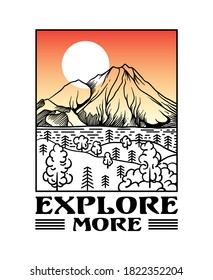 Mountains and trees sunset view scene illustration with slogan saying "explore more"